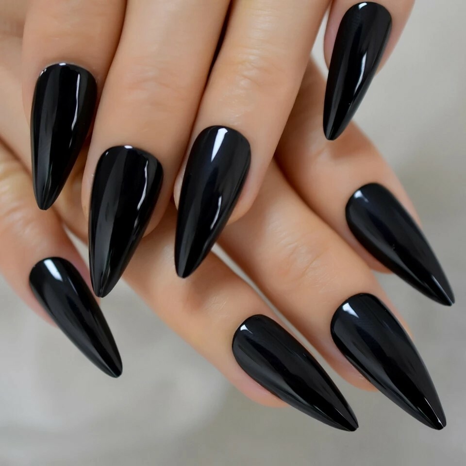 Long Black Stiletto Press On Nails Glossy goth wet look vinyl