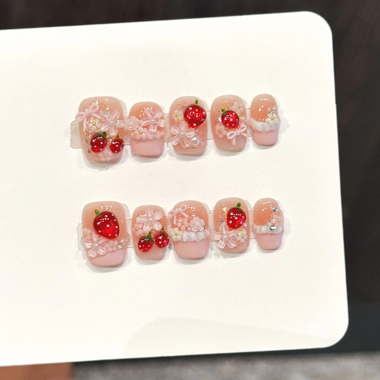 10pcs Cute Nails Pink Bowknots Flower Pearl Decor French Handmade Fake Nail