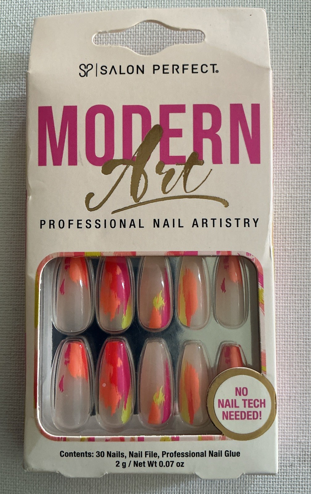 Salon Perfect 30 Nail Modern Art Long Coffin Glossy Clear+Orange+Pink Art Design