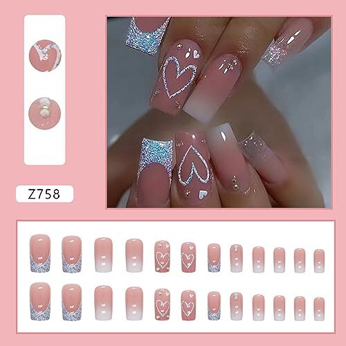 Blue Heart Press on Nails Medium Square Fake Nails Glossy Glitter French Tip