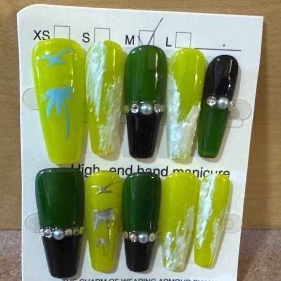 Tropical Palm Tree Press On Nails Neon Yellow Green Long Coffin Manicure Set M