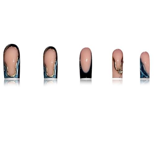 Blue French Tip Press on Nails – Long Square Fake Nails – Gold Gradient Style A5