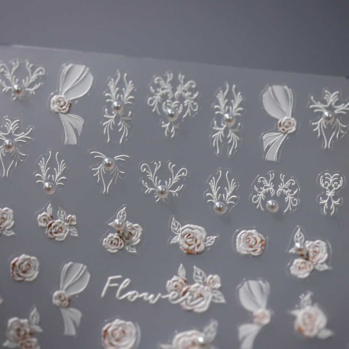 White Flower Nail Sticker 5D Embossed Pearl Flower Nail Art Sticker Self Adhesiv