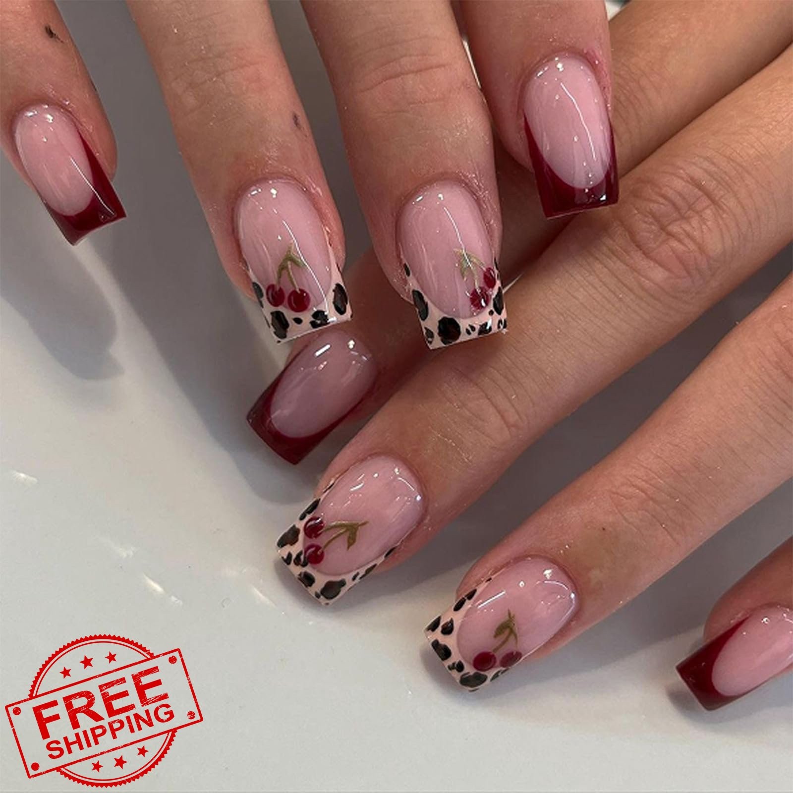 SEMATA Red French Tip Press on Nails Short Square Cherry Leopard
