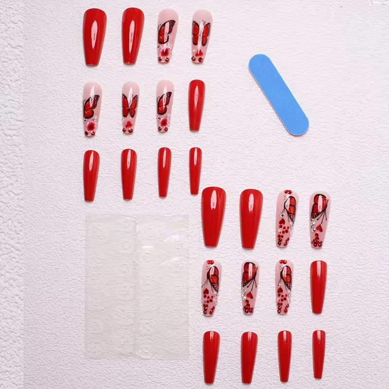 24pcs Red Ballet Press-On Nails, Long, Glossy, Colorful Butterfly Design, Summer