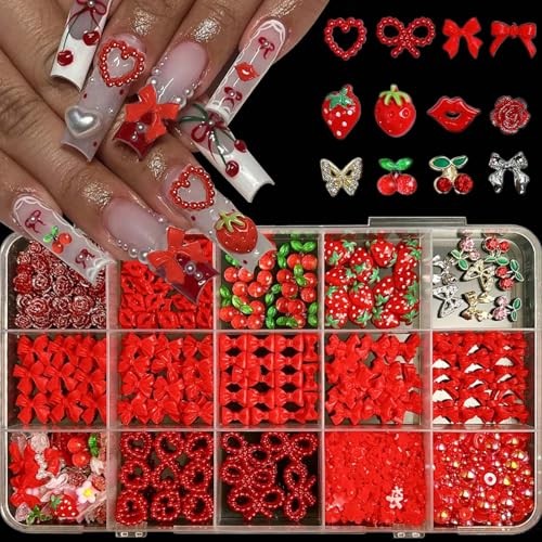 ONPRESS 15 Grids Red 3D Nails Charms Resin Fruit Nail Art Rhinestones Summer