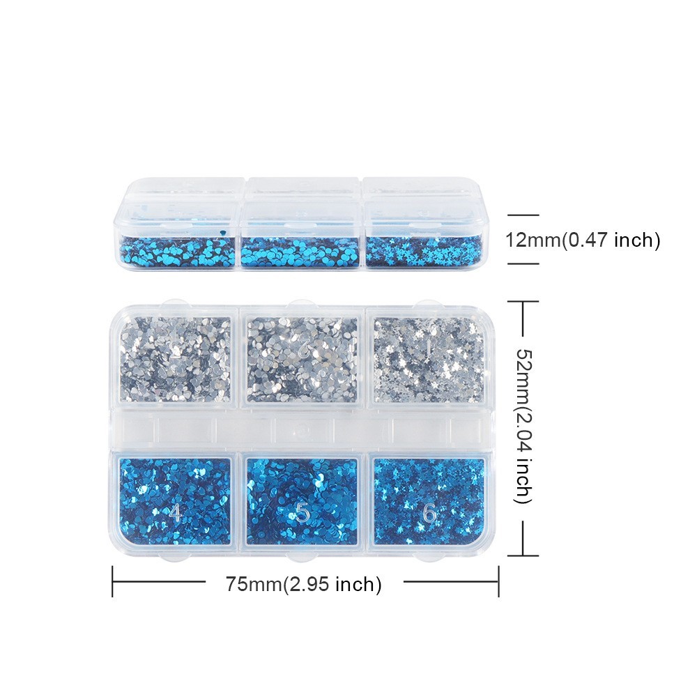 6Grids 1mm Mini Silver Blue Nail Glitter Sequins Mix Heart Star Flakes for Nails