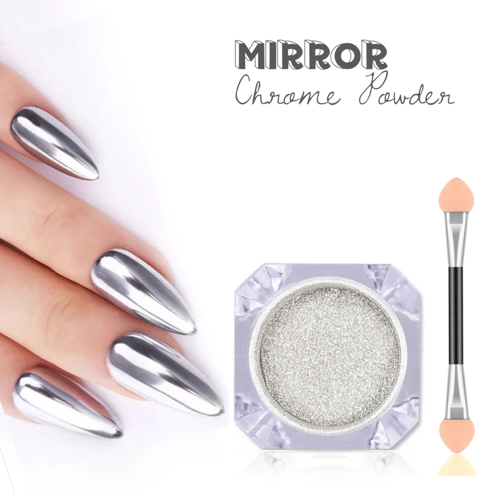 Silver Mirror Nail Chrome Powder Shimmer Super Glass Effect Decoration + Brush