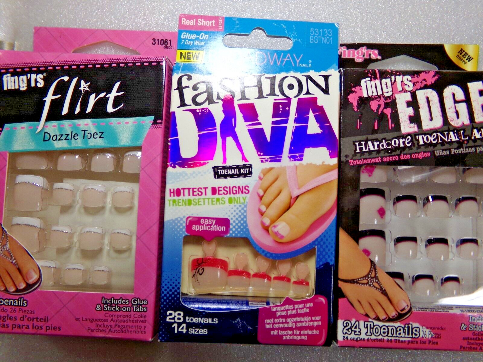 SALE 3 Broadway for Kiss & Fing’rs Glue-On TOENAILS Red White Black French
