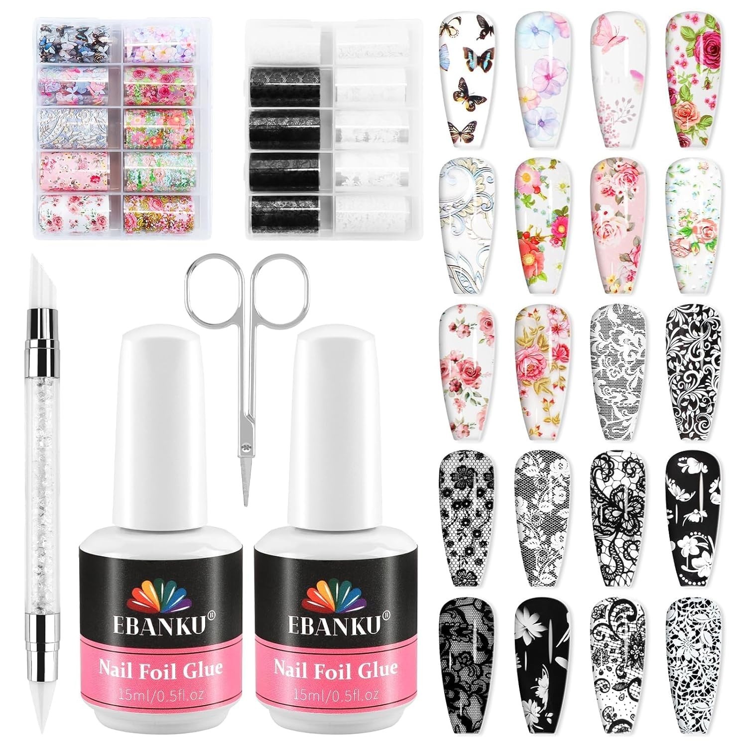 20/80 Pcs Nail Art Foil with 30ML Nail Foil Glue Gel, Starry Sky Flower Foils Tr