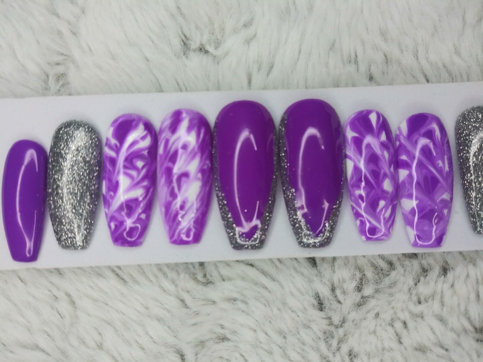 Purple white & silver holographic glitter tie dye press on nails long coffin
