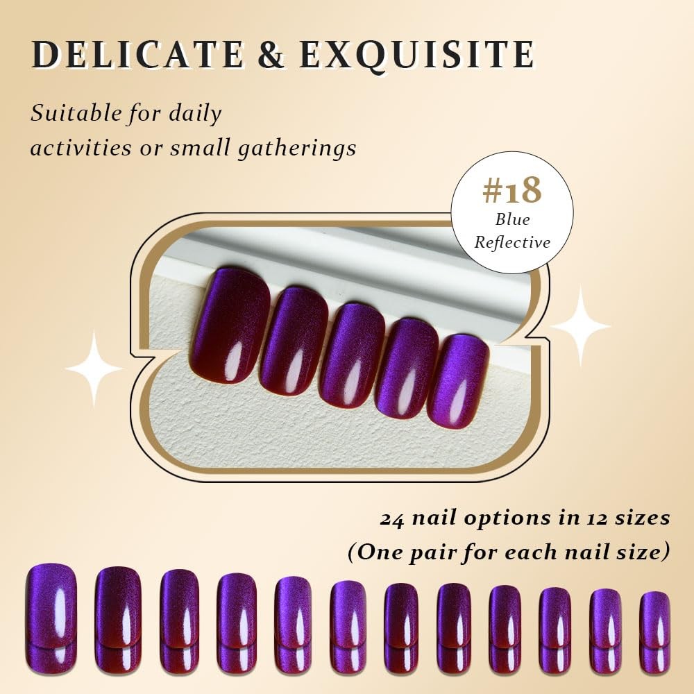 Purple Red Reflective Blue Press On Nails – Cat Eye Medium Square Magnetic Ac…