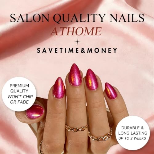 Chrome Hot Pink Press on Nails Short Almond, Glitter Cat Eye almond hot pink