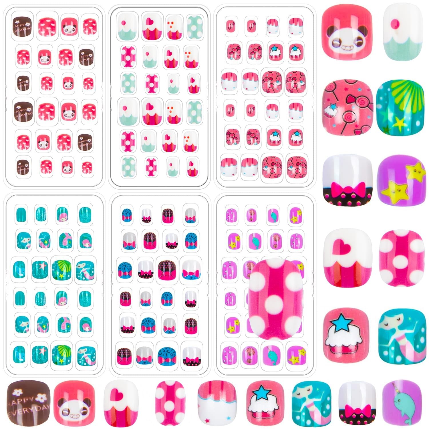 144 Pieces Press On Nails for Kids Children Fake Girls Multicolour