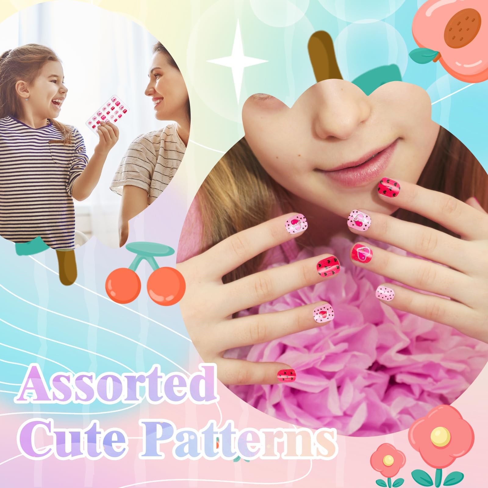 CUXFLS Kids Press on Nails 120 Pcs for Girls, Short Artificial Fake Style 5