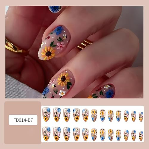 Flower Press on Nails Almond Medium Spring False Nails 3D Florals Design Full