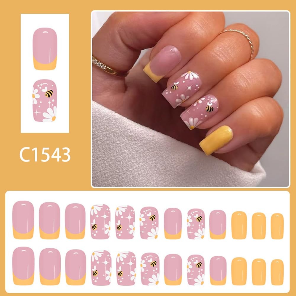 CEWEWP Yellow French Tip Press on Nails Short Square Fake Nails with White Fl…