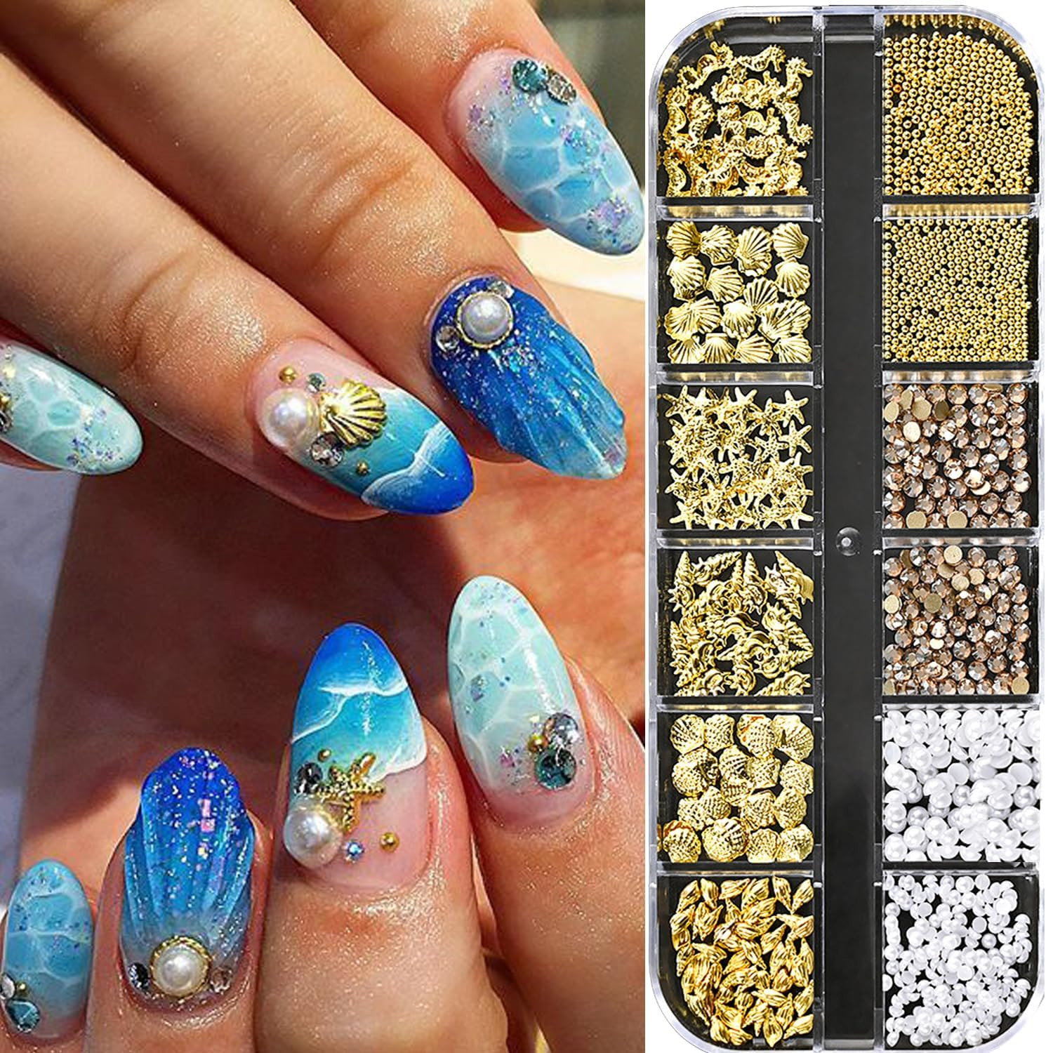 12Grids Summer Metal Nail Art Charms 3D Gold Starfish Shell Conch Nail Charms Sp