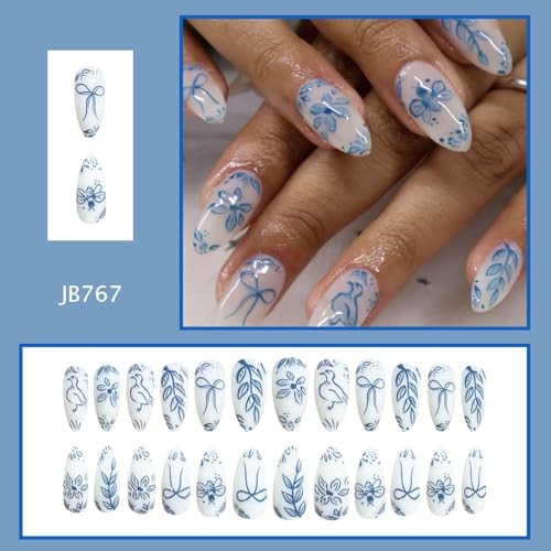 24Pcs Blue Flower Press on Nails Medium Almond Fake Nails Spring White Blue