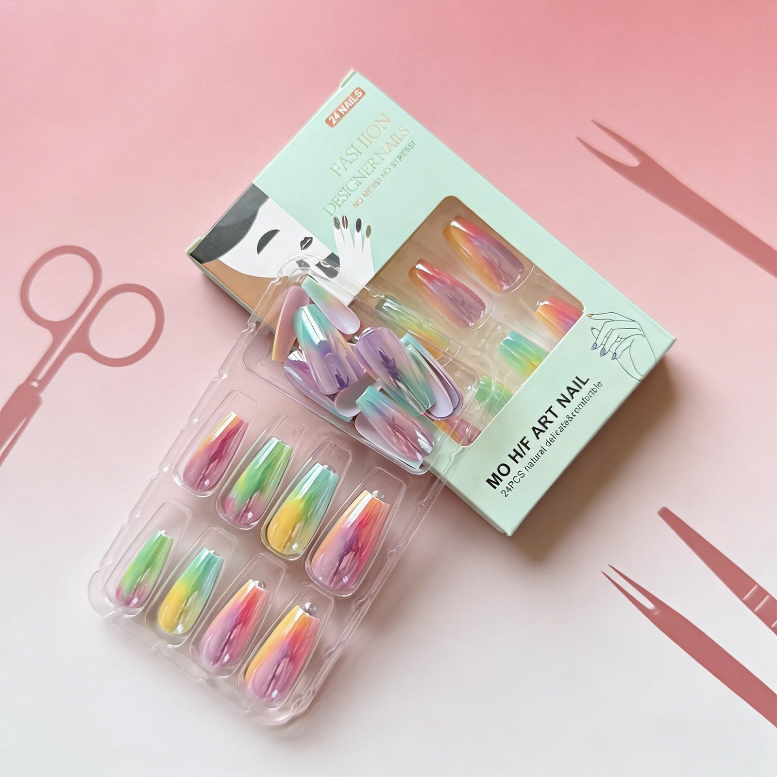 Chrome Press on Nails Medium Coffin Fake Dreamy Medium, Multicolor