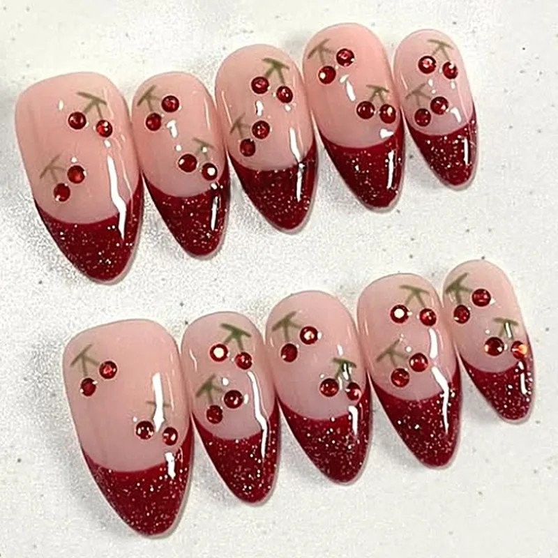 30pcs French Press on Nails:3D Flower Pearl Bow Almond Fake Nails