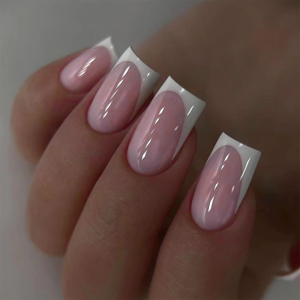 24Pcs Ombre Press on Nails Medium Square Acrylic Fake Nails Pink White Gradation