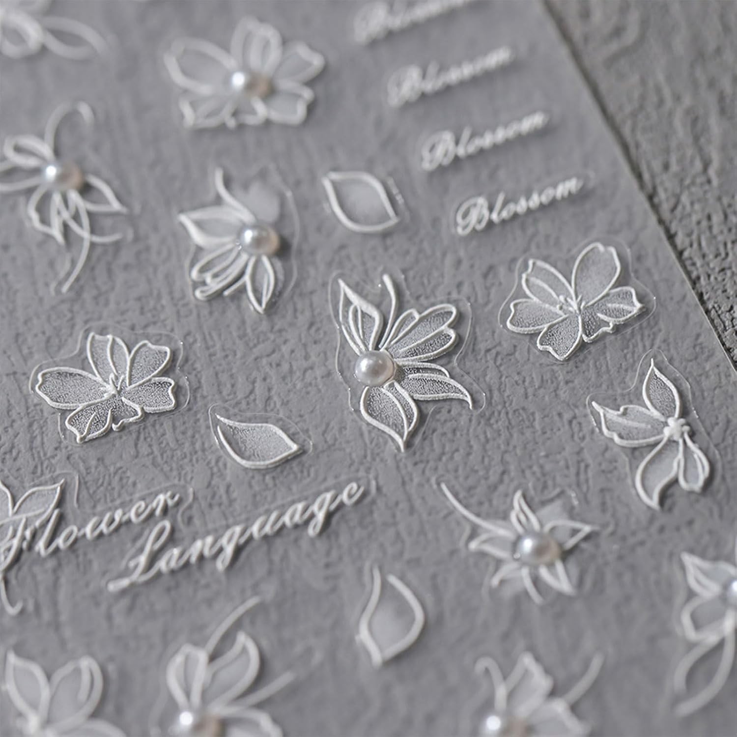 JMEOWIO 3D Embossed White Flower Nail Art Stickers Decals Self-Adhesive 5D Nail