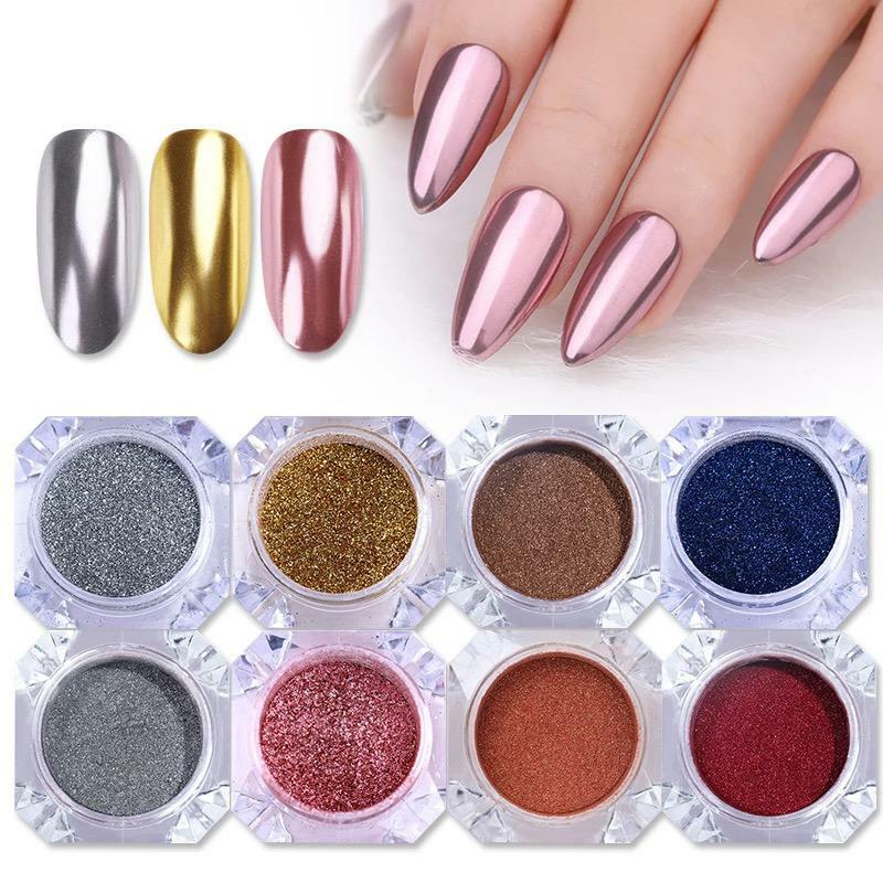 MIRROR CHROME NAIL POWDER COLOURS UNICORN ROSE GOLD BLUE PINK RED EFFECT PIGMENT