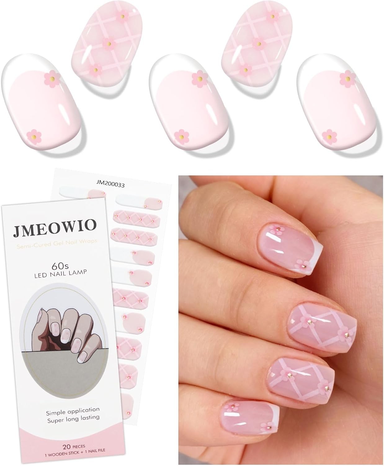 Semi Cured Gel Nail Strips French Tip White Pink Flower Design UV LED Nail Art