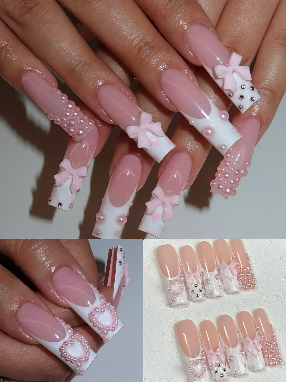 Pearl Heart Ribbon Press-On Nails – Long, Girly & TikTok-Inspired | Handmade Set