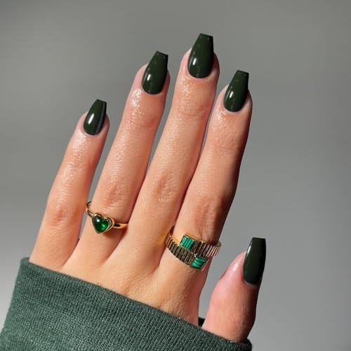 Olive Green Press on Nails Short Medium Coffin, Solid Color glossy dark green