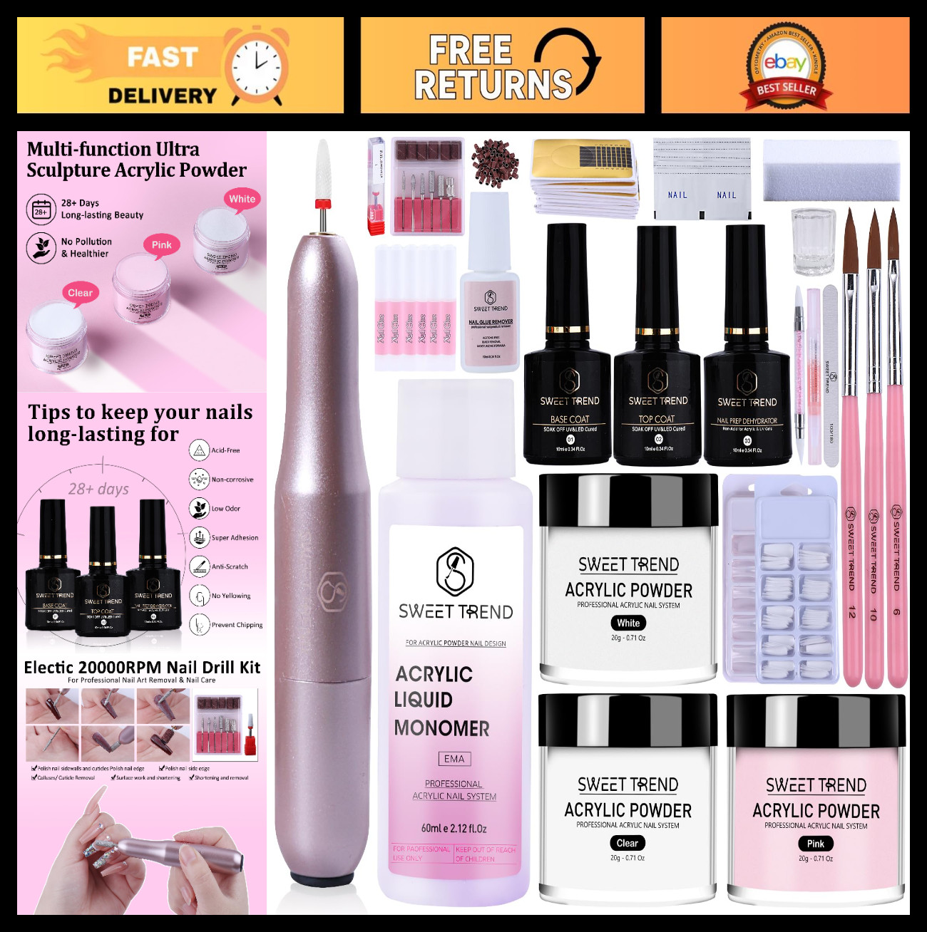 Acrylic Nail Kit for Beginners – 20g Clear Pink White Powder, Drill & Tools Set