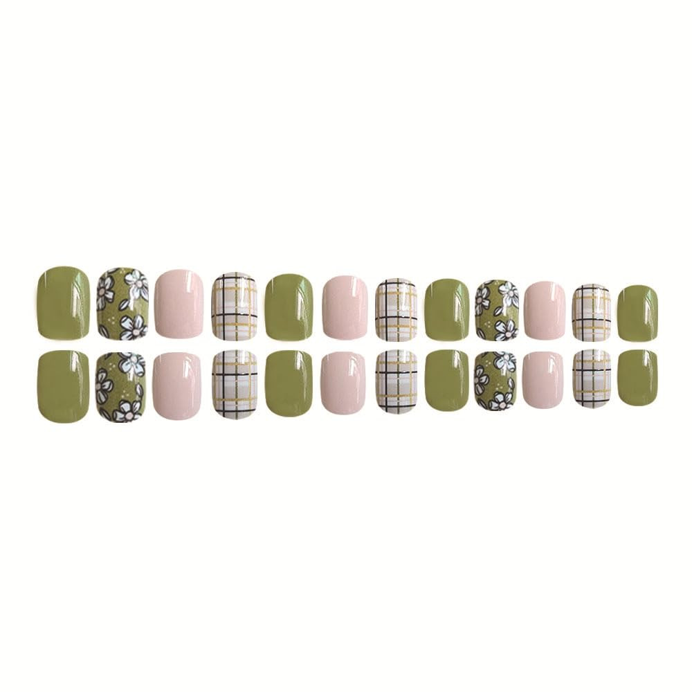 Short Press on Nails Green Square Fake 1 Fl Oz (Pack of 1) Square Flower-31