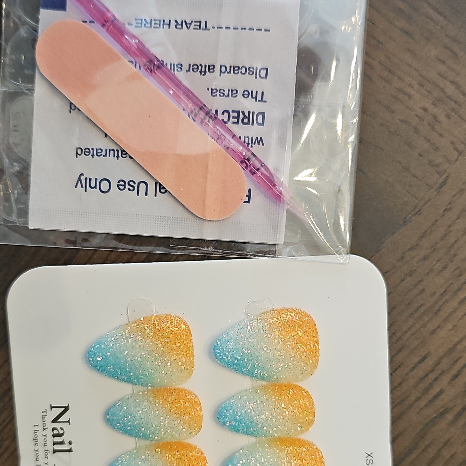 Press-On Nails Large Long Almond Acrylic Blue/White/Orange Glitter Ombre