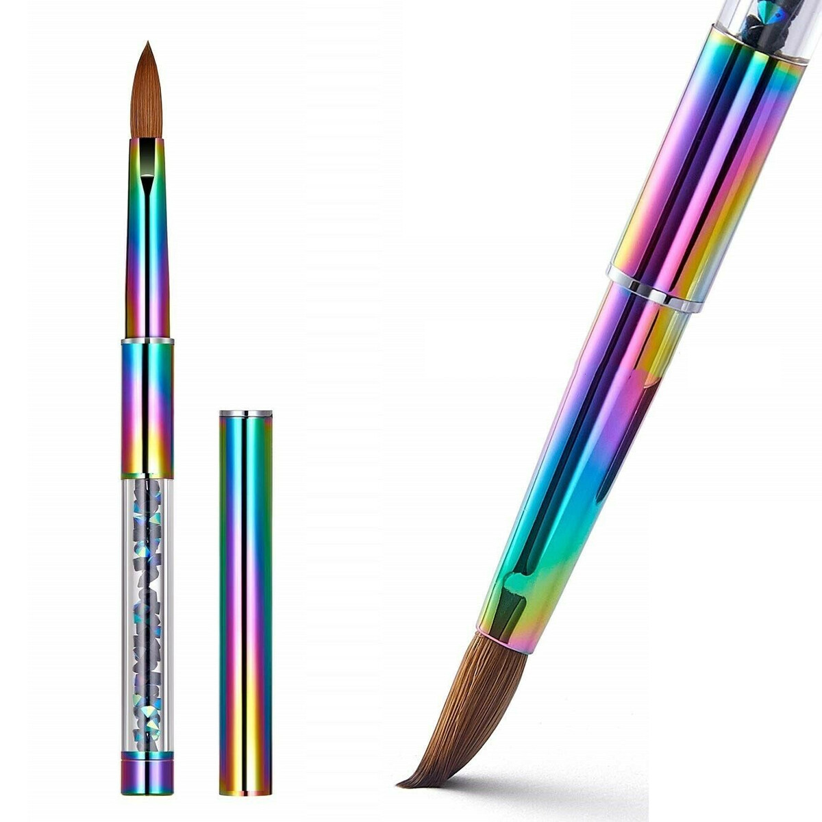 Acrylic Nail Brush 100% Kolinsky With Cap Rainbow Crystal Handle Size 6-14#