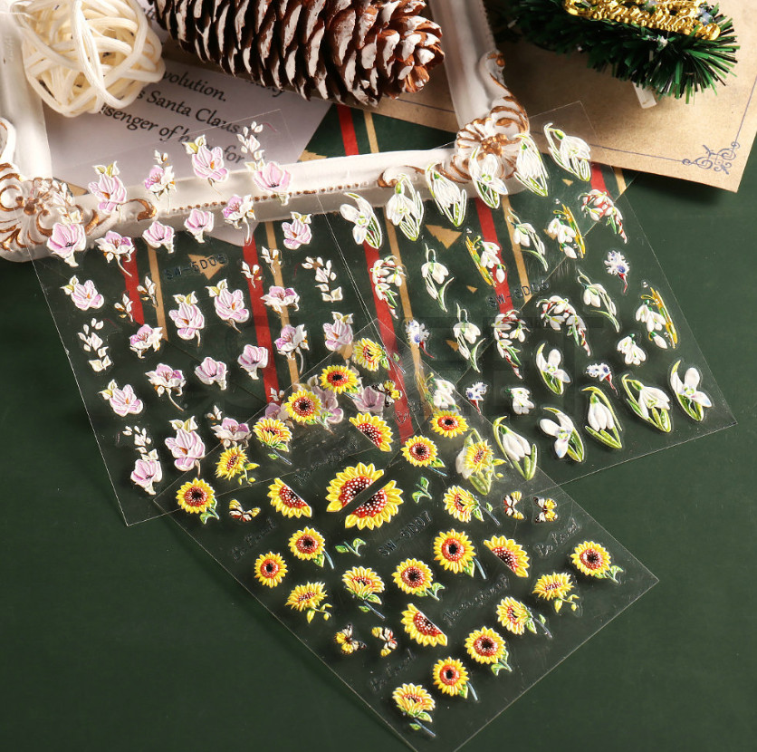 5D Embossed White Daisy Tulip Butterfly Camellia Flower Nail Art Stickers DIY