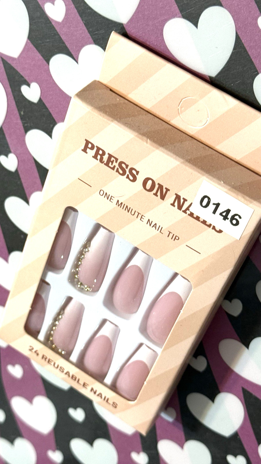 Press On Nails One Minute Nail Tip NUDE with WHITE FRENCH TIP & BLING 24 Long