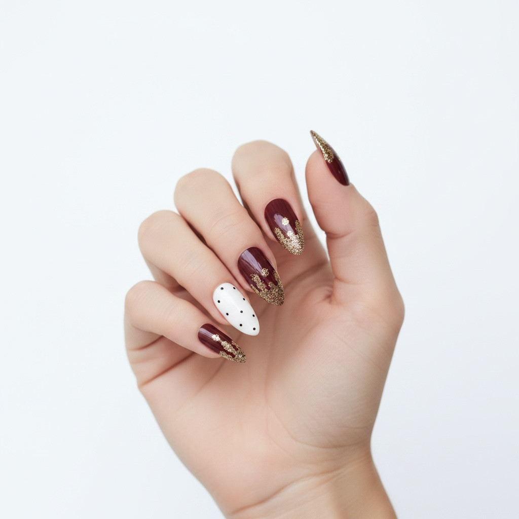 Red Burgundy White Almond Stiletto Long Fake Acrylic False Tips Press On Nails