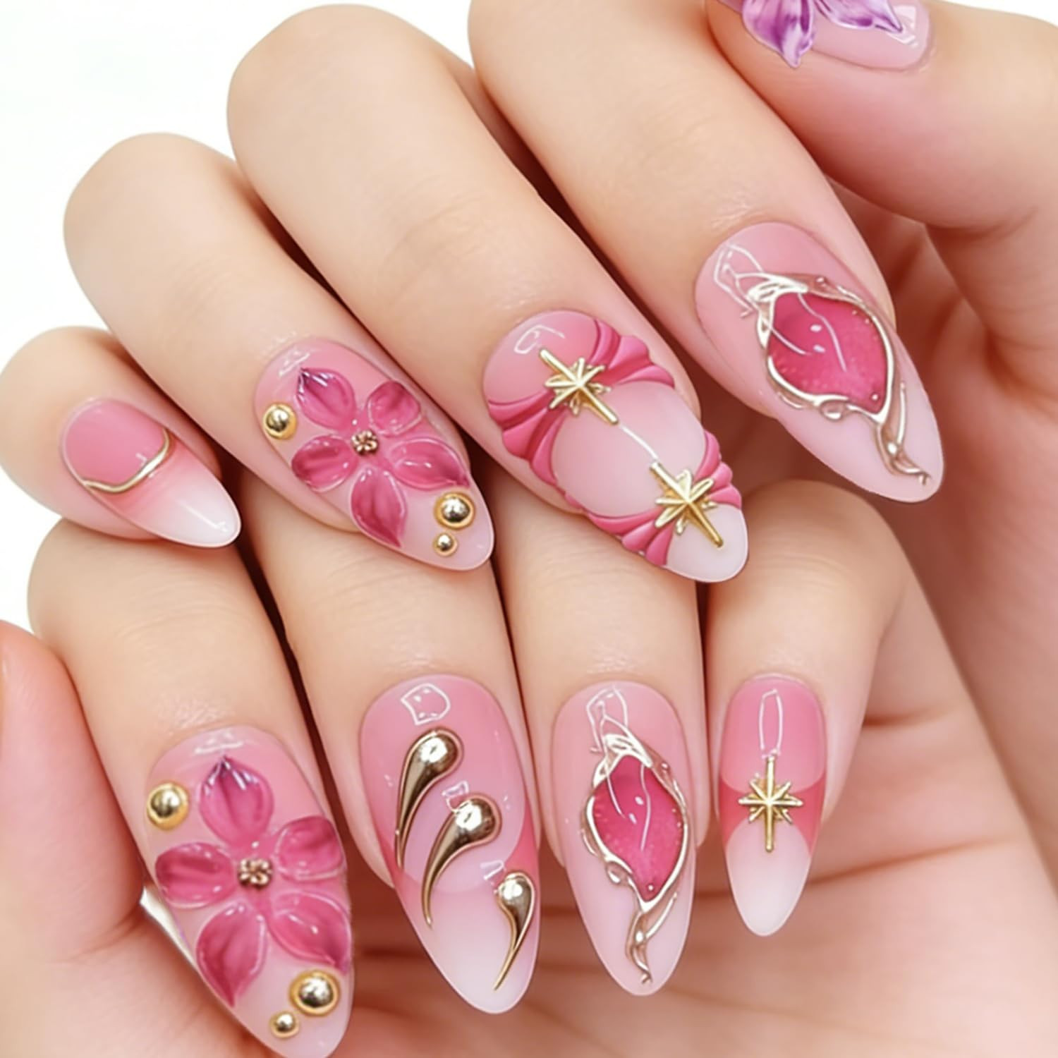 24Pcs Flower Press on Nails Medium Almond Fake Nails with Gold Beads Star Design