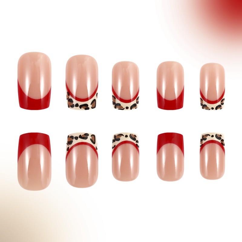 48Pcs-Classic Red French Fake Nails Medium Square Animal Print Gloss Nail Art