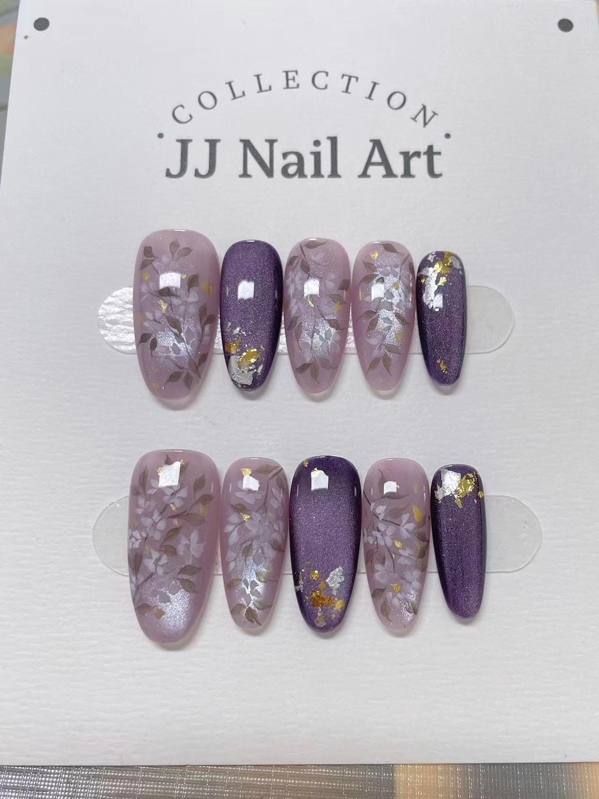 Custom Pure Handmade Nails Lavender Flower Gold Foil Chinese Elegant Manicure