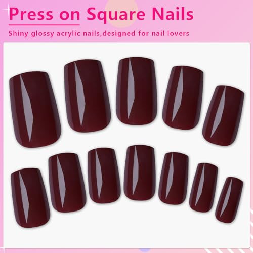 240pcs Burgundy Press on Nails Medium Square Fake Nails, Glossy Acrylic Press