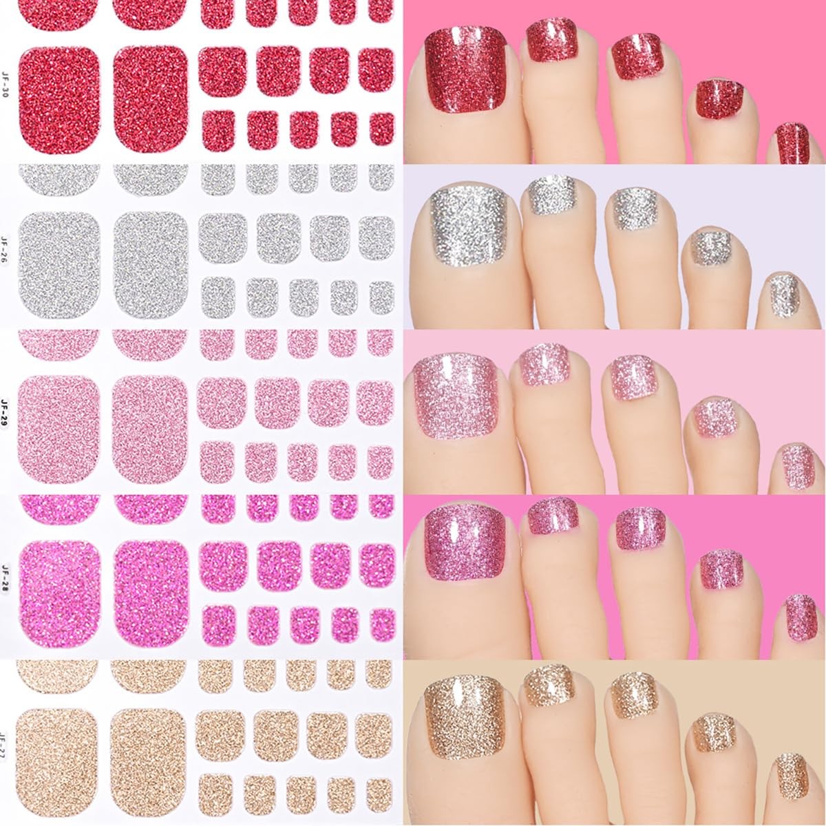 Pegatinas de uñas de gel para uñas completas, color plata, oro, rojo y rosa.