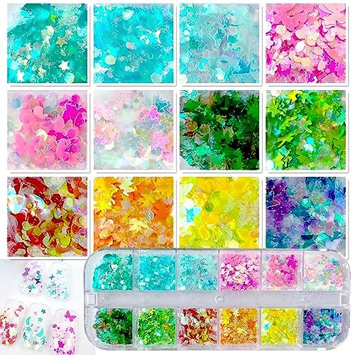 4 Boxes Nail Glitter Holographic Maple Chunky Glitter Flakes Mixed Shaped