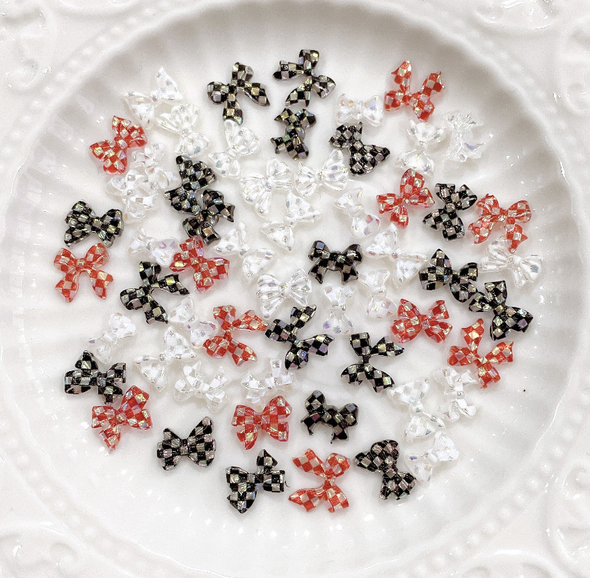10PCS Retro Butterfly Checkered Bow Nail Art Charms Acrylic Ribbon Bowknot Decor