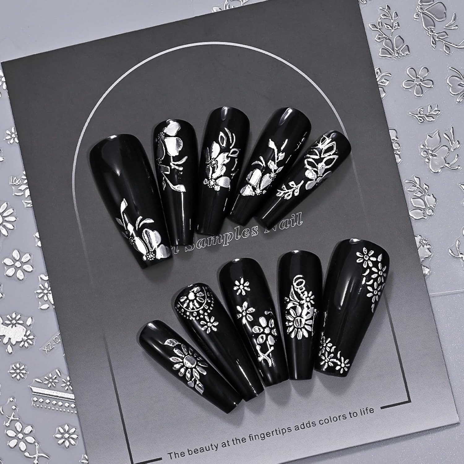 12 Sheets Silver Nail Art Stickers, 3D Self-Adhesive Bronzing Sun Moon Stars Bow