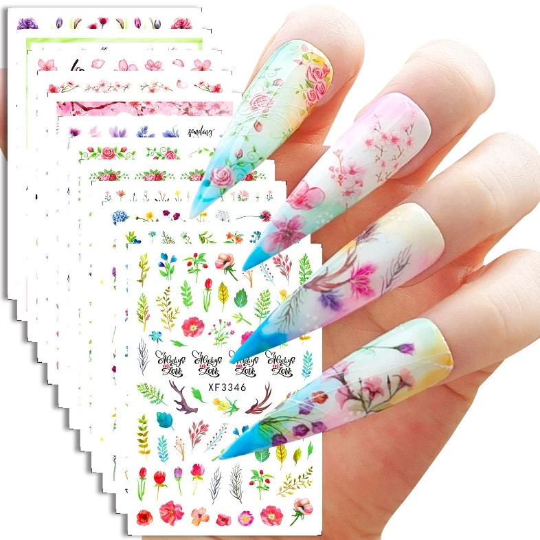 12Pcs Nail Stickers Waterproof Red Cherry Tulip Rose Decal Flower Peel Off NS36