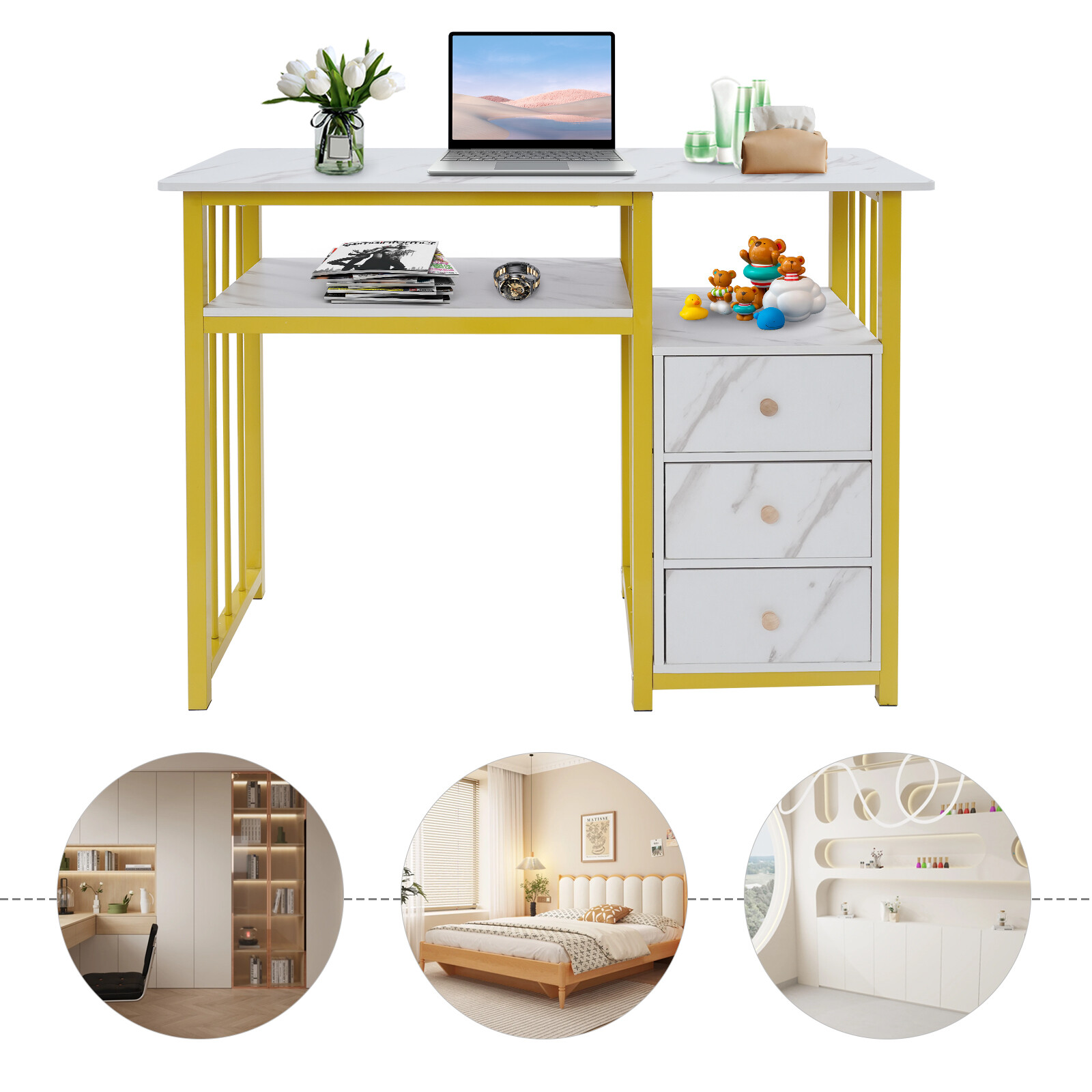 Marbling Texture Nail Desk Manicure Table Station Manicure Desk with 3 Drawers