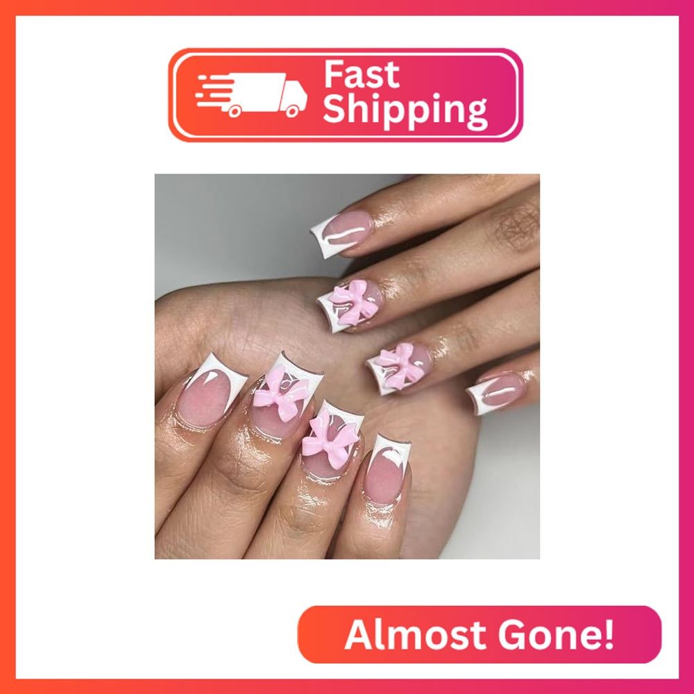 24Pcs BMKKOT Short Press on Nails White French Tip Fake Nails Pink Full Cover Gl
