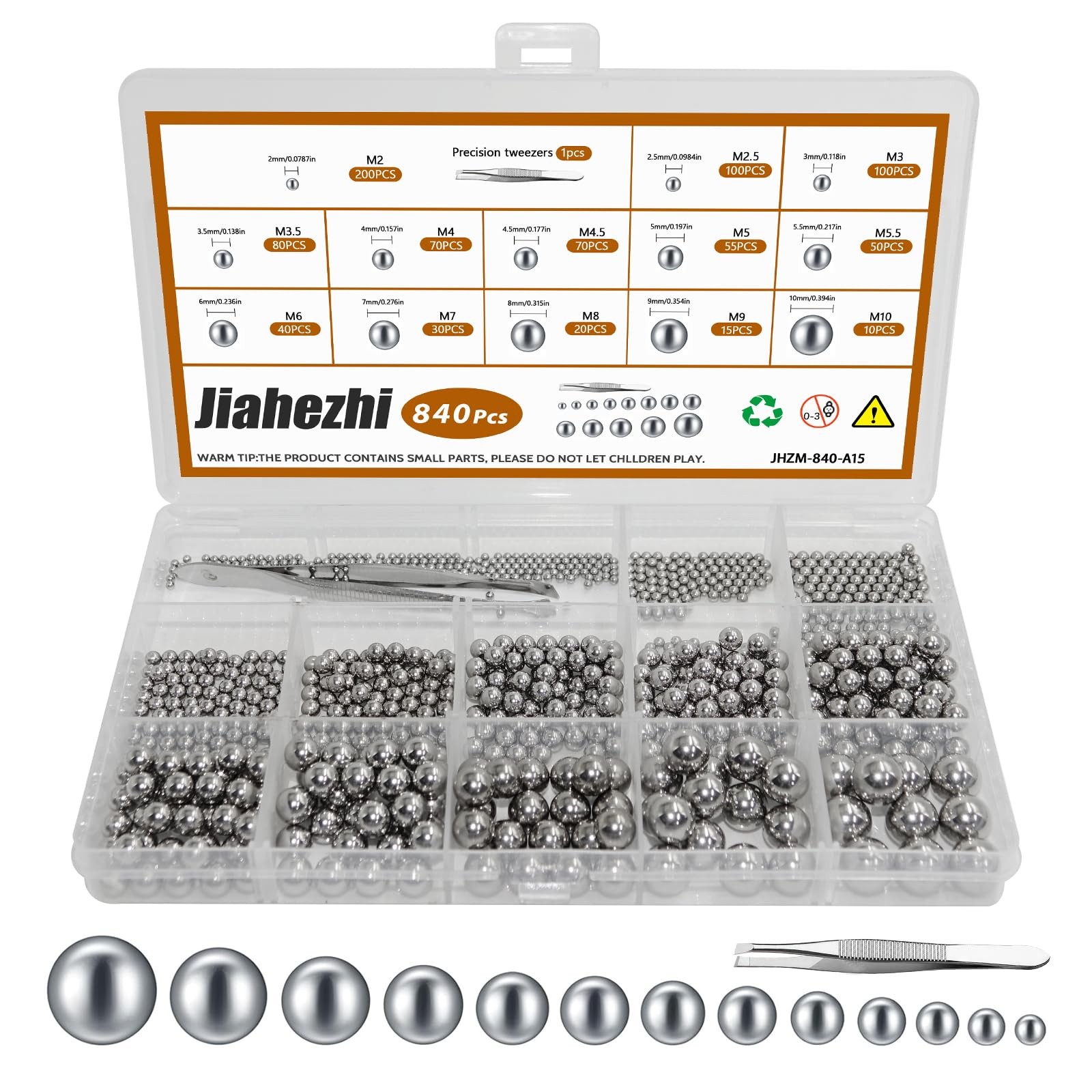 840 Pcs Stainless Steel Bearing Balls, Metric Precision Bike Bearings, Assort…
